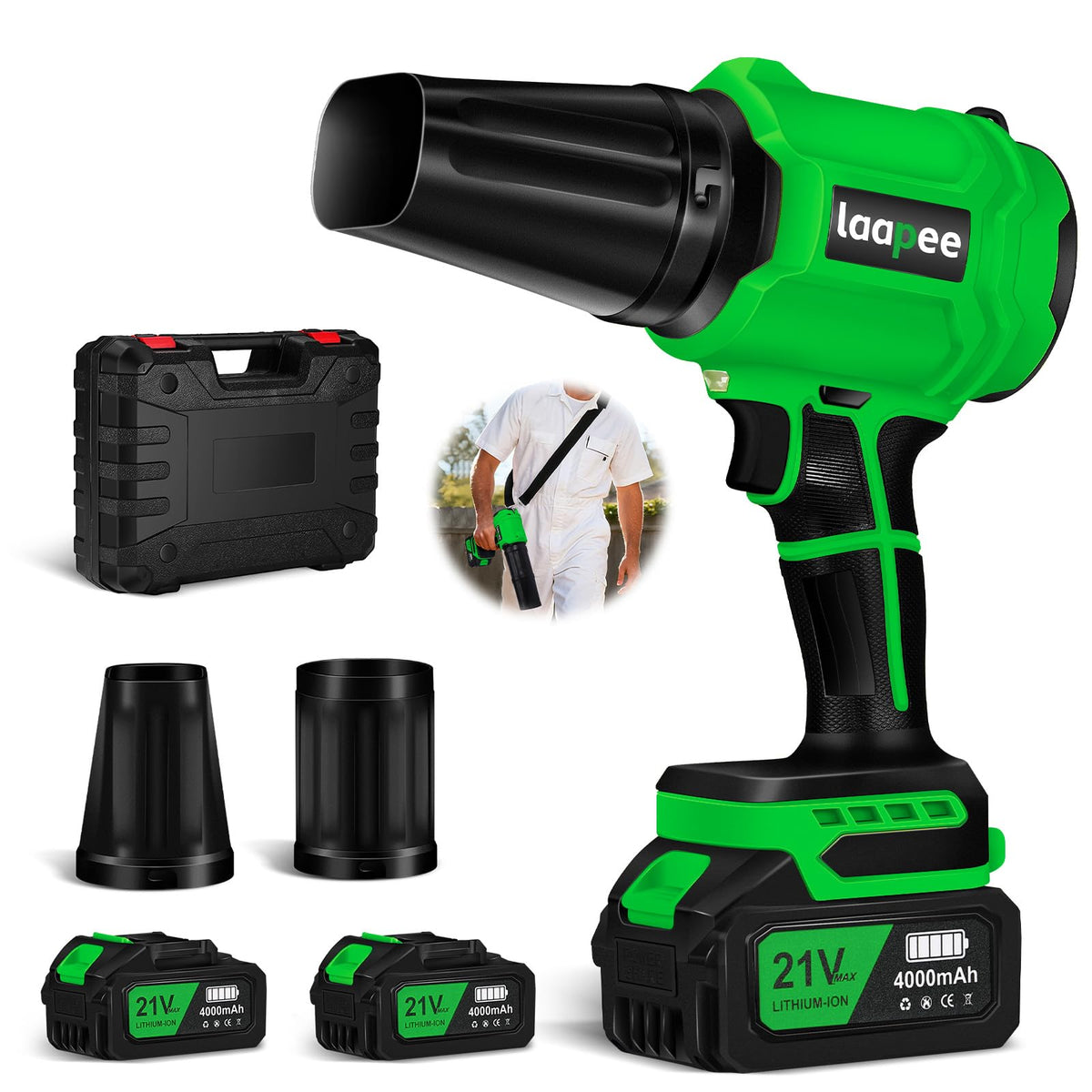 Laapee cordless leaf blower with battery pack enables quick, portable yard cleanup.
