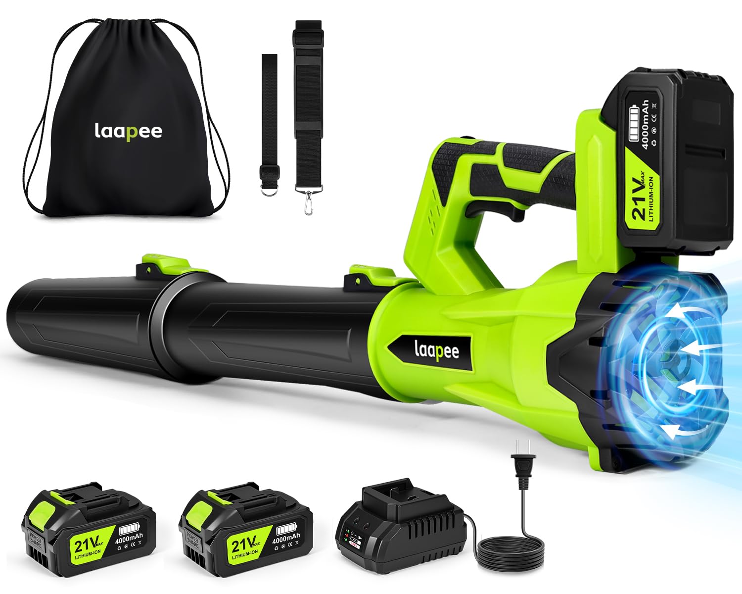 Laapee cordless leaf blower demonstrates portable power for quick yard cleanup.