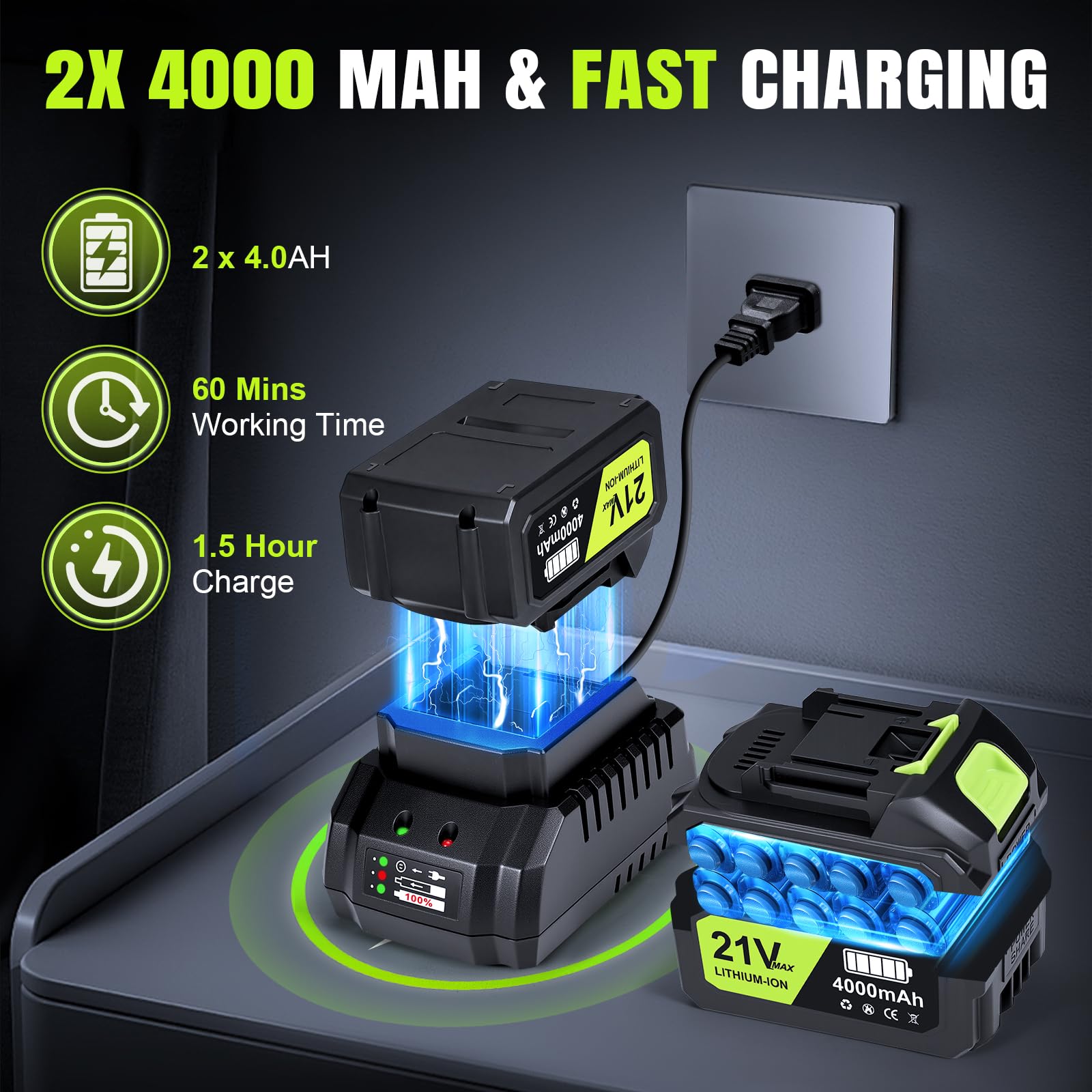 Laapee fast charger quickly recharges batteries for non-stop work.