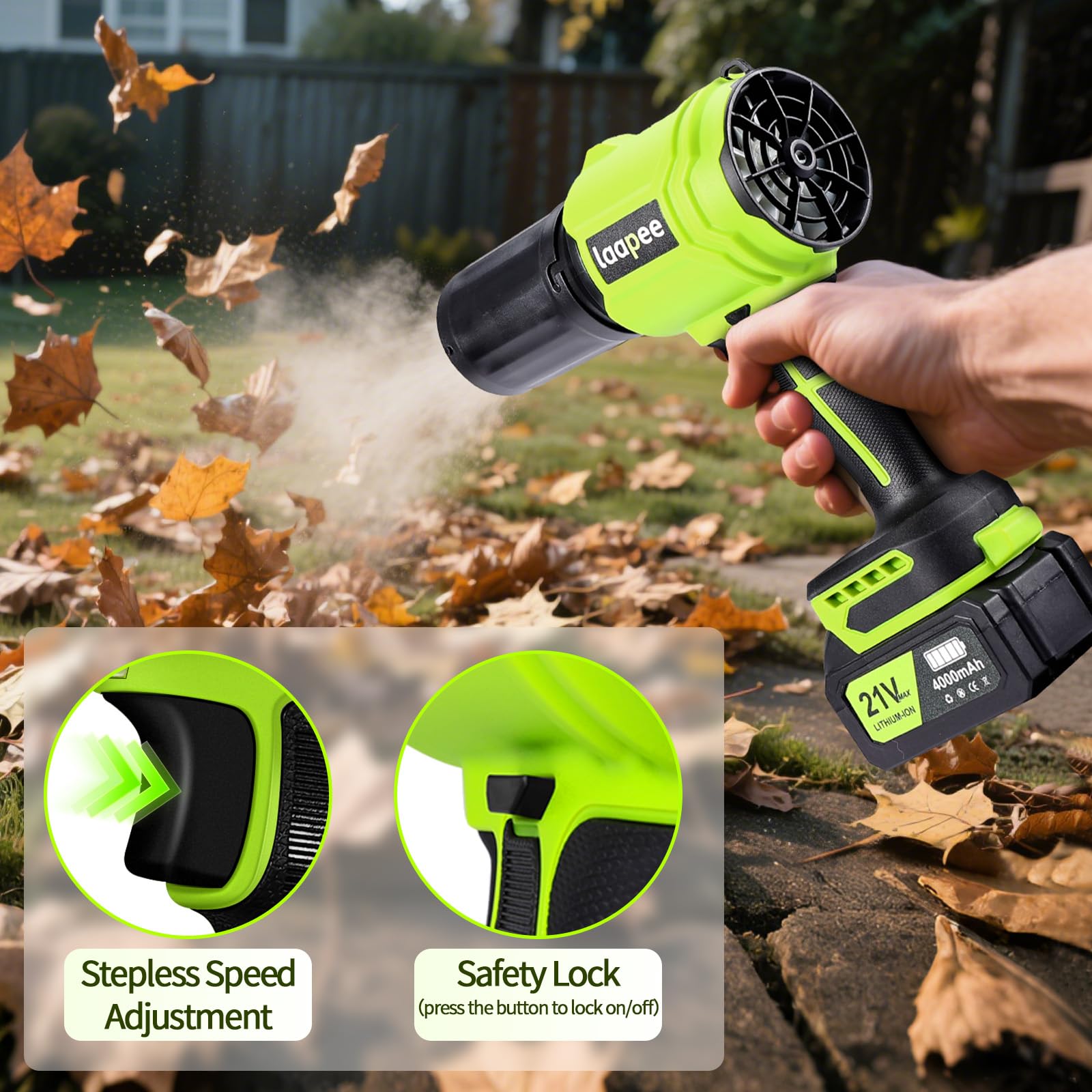 Laapee lightweight blower at 1.12 lbs for effortless one-handed use.