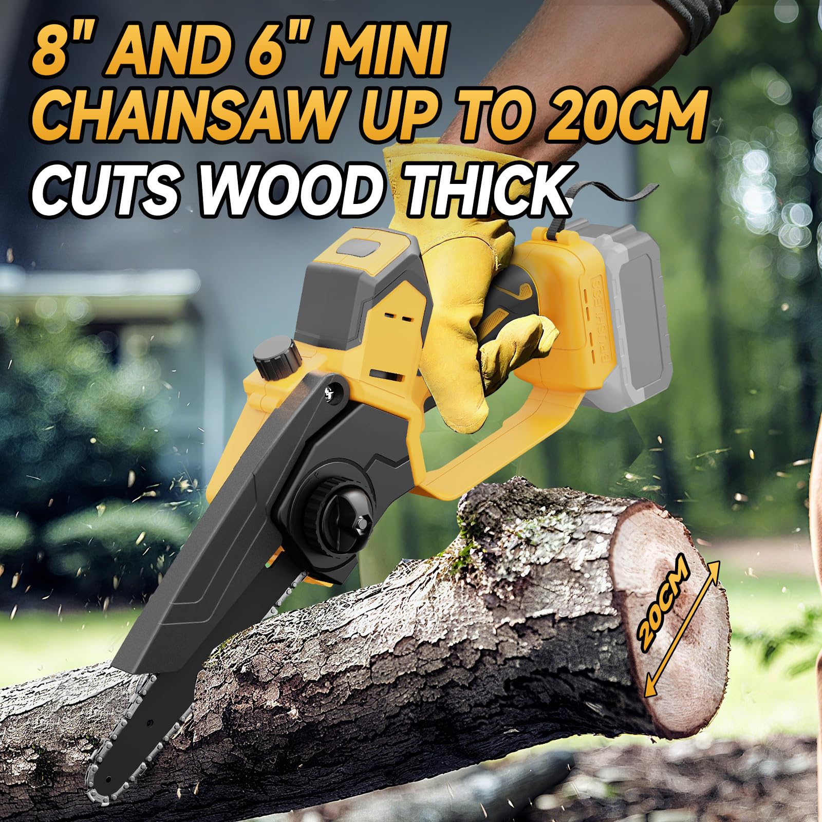 Labfintom mini chainsaw 8-inch bar close-up showing longer cut capability
