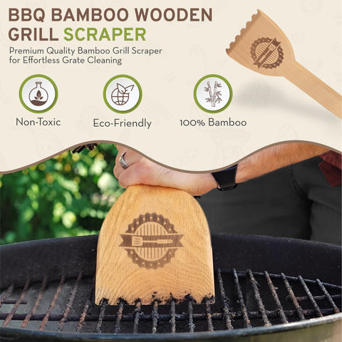laboos wooden grill scraper in use on a Traeger during cooking