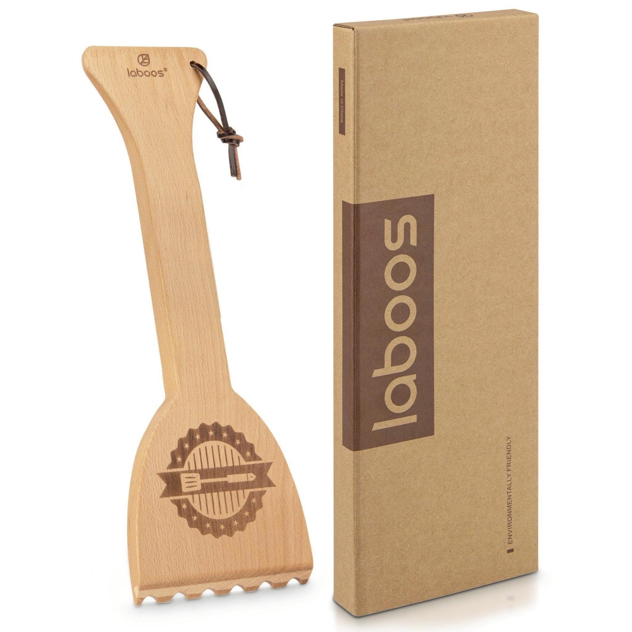laboos wooden grill scraper universal-fit graphic shows Traeger compatibility