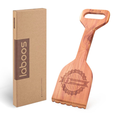 Laboos Premium Cedar Grill Scraper with ergonomic handle for bristle-free cleaning.