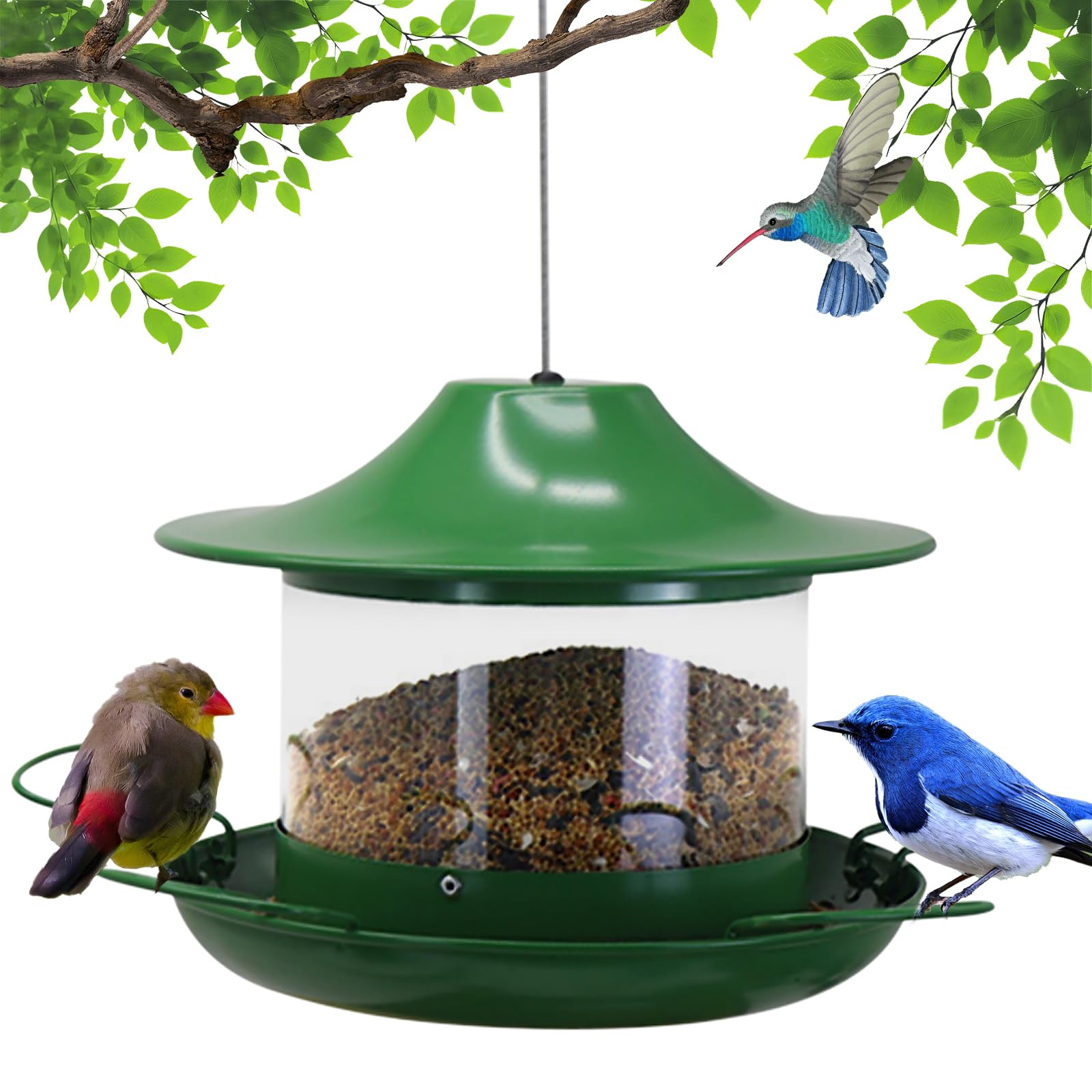 LAbyrent Hanging Bird Feeder outdoors with roof draws birds while blending with garden foliage.