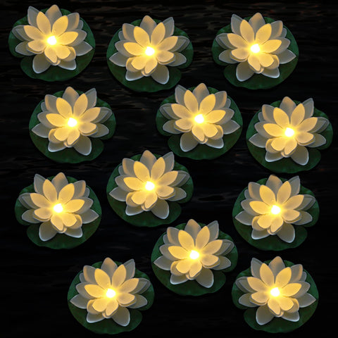 LACGO 6-inch white floating lotus light blooms on water for elegant pond ambience.