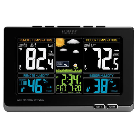 La Crosse weather station with full-color display and animated icons.