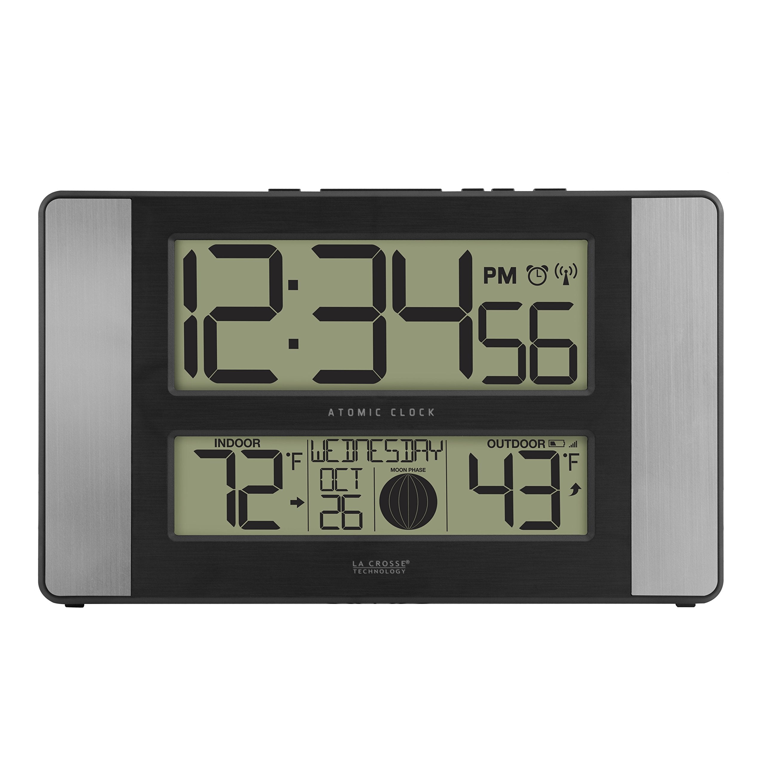 La Crosse 513-1417AL-INT atomic clock front view with wireless outdoor temperature