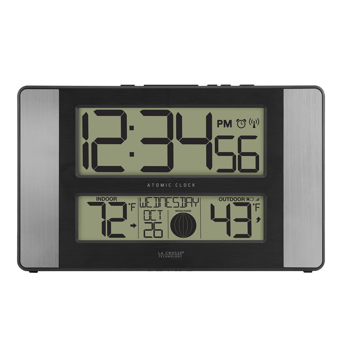 La Crosse 513-1417AL-INT atomic clock front view with wireless outdoor temperature