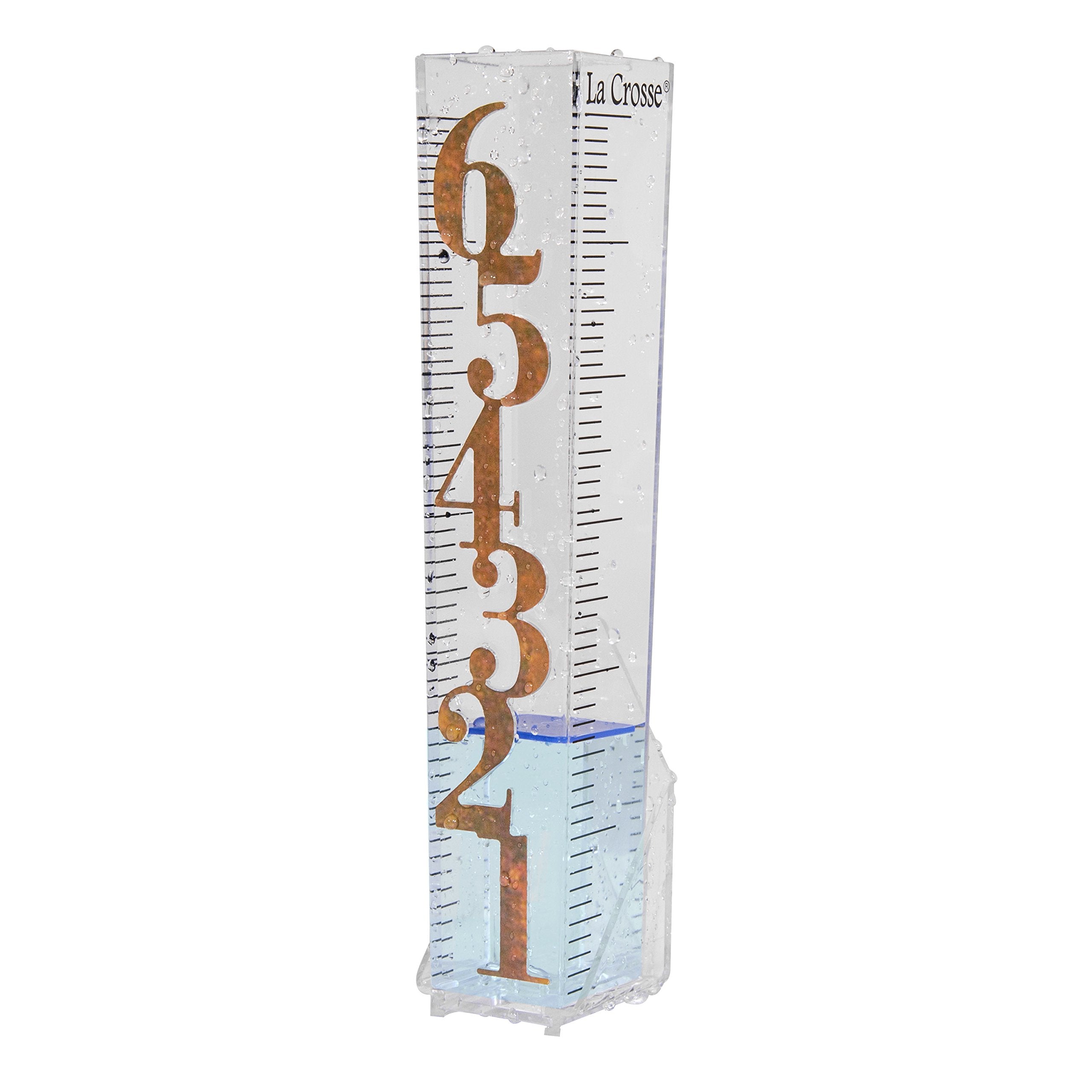 La Crosse 705-110 Easy Read Patina Rain Gauge clear for easy backyard rainfall measurement.