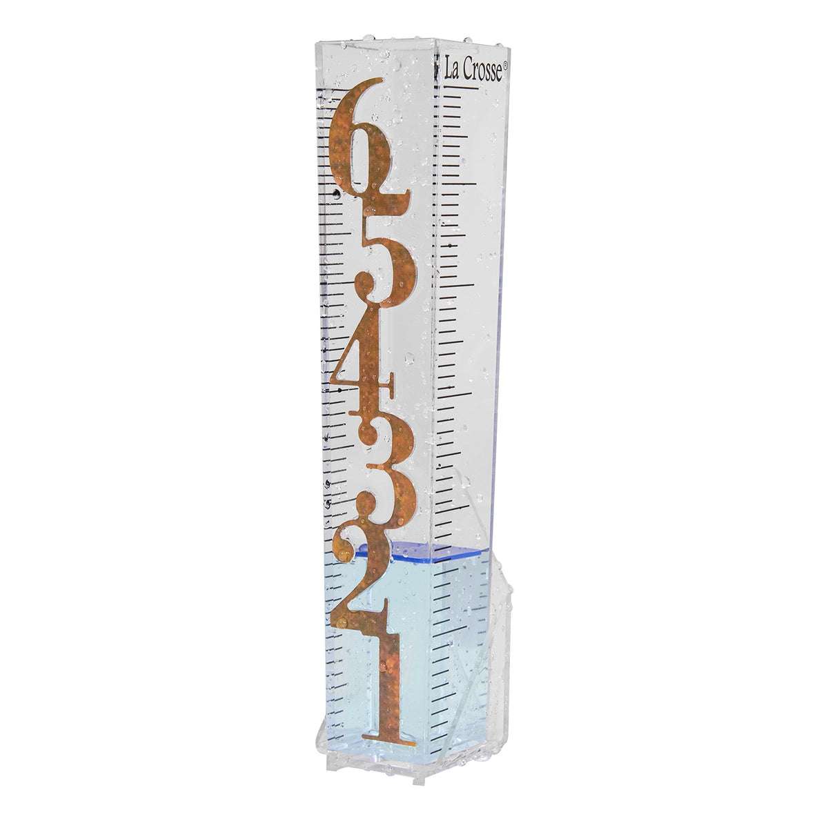 La Crosse 705-110 Easy Read Patina Rain Gauge clear for easy backyard rainfall measurement.