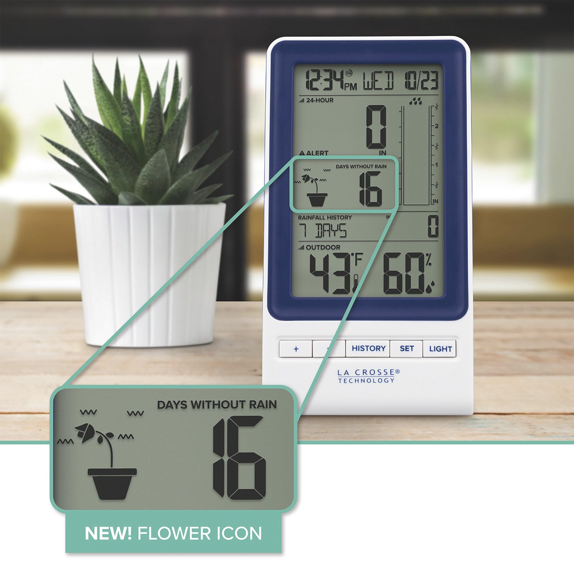 La Crosse 724-1415BL indoor outdoor temperature and humidity display.