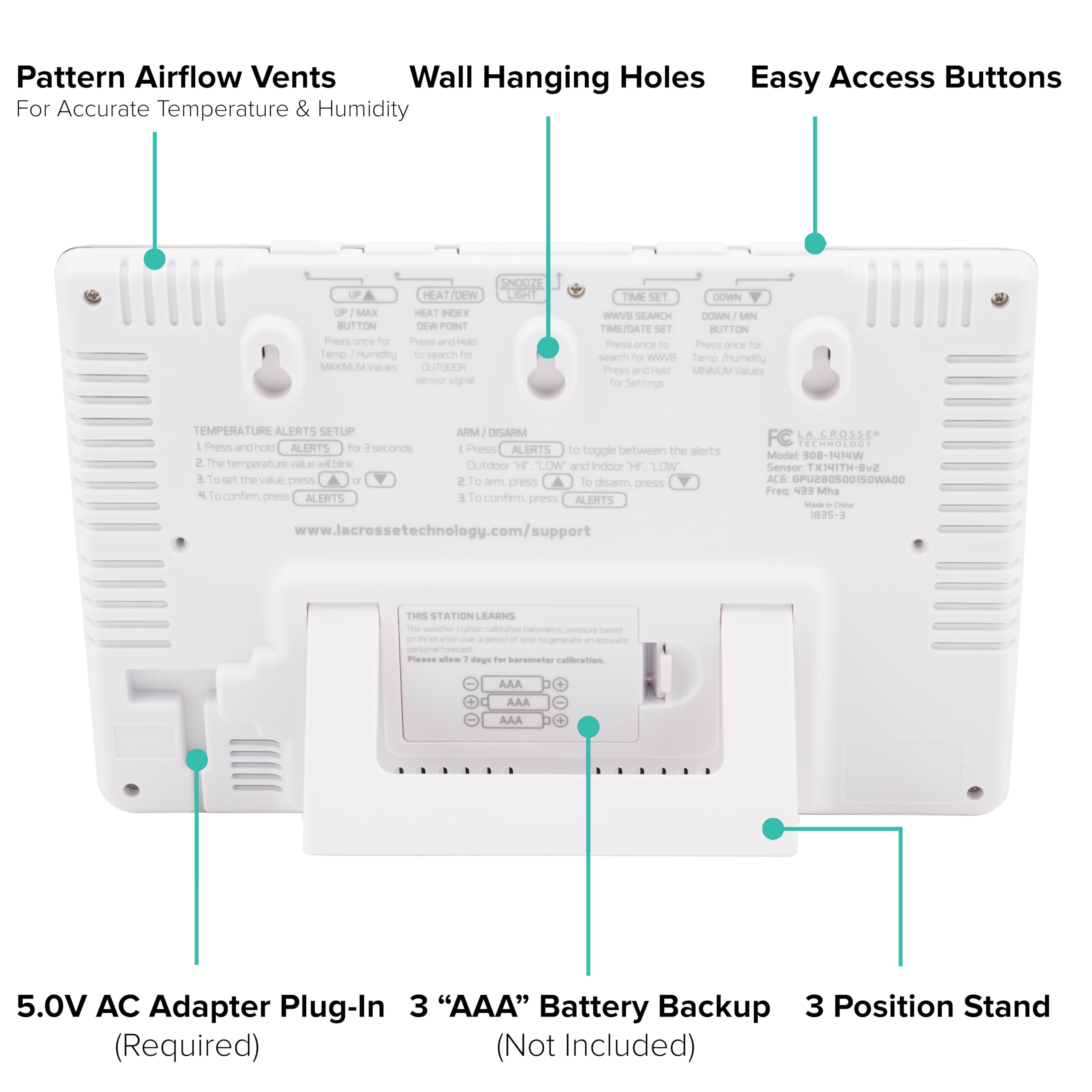 La Crosse station indicates battery status and RF strength for reliable alerts.