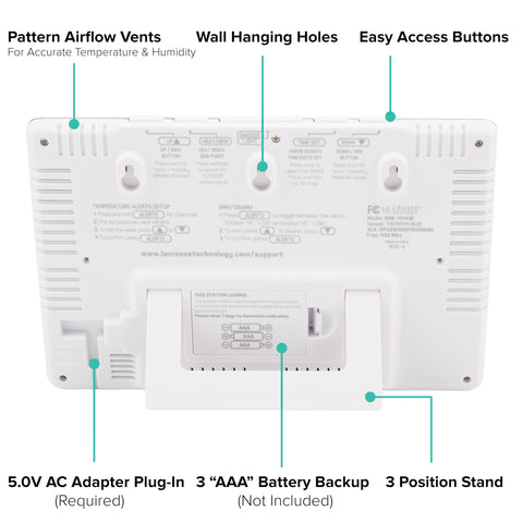 La Crosse station indicates battery status and RF strength for reliable alerts.