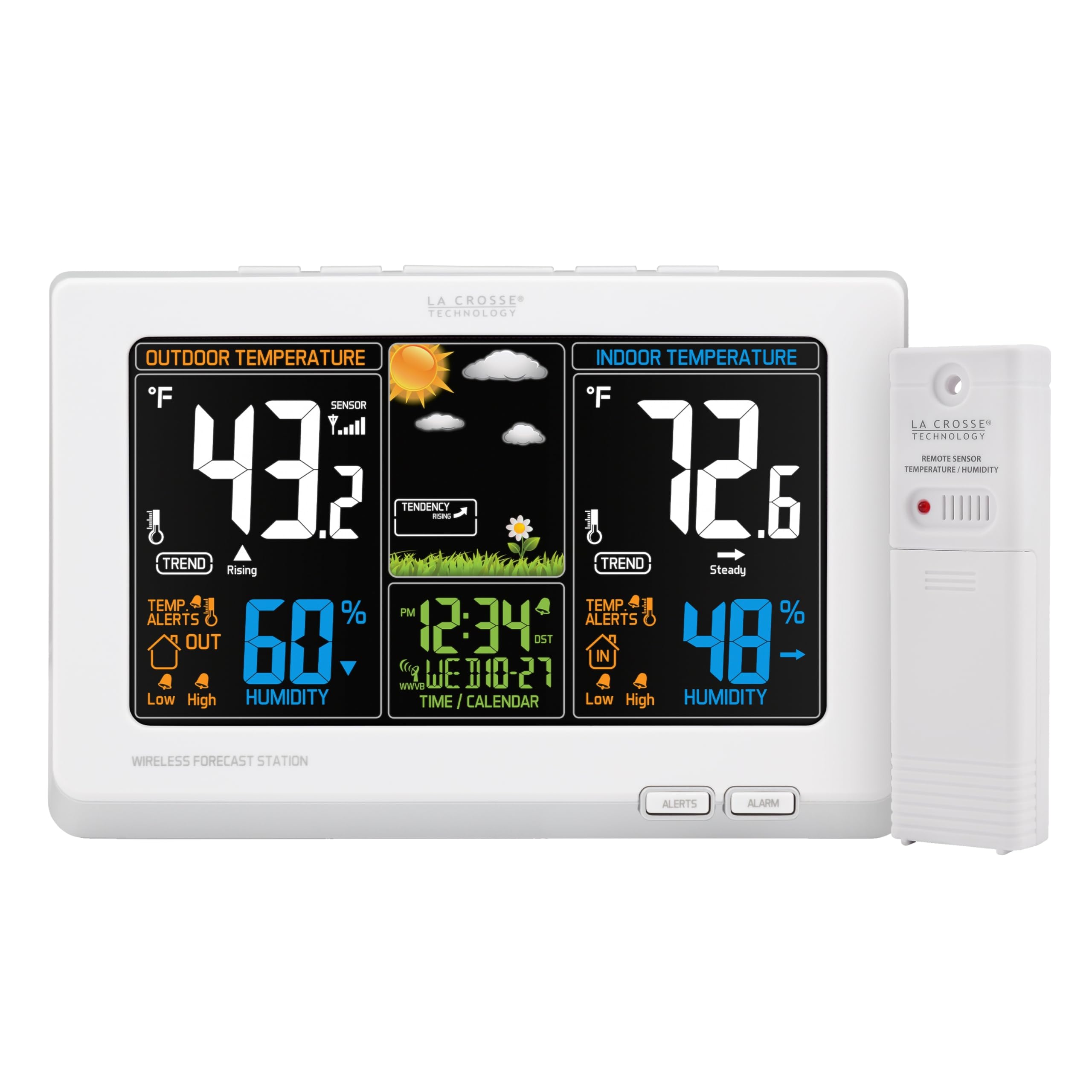 La Crosse 308-1414W forecast station front view with color icons and temperature readings.