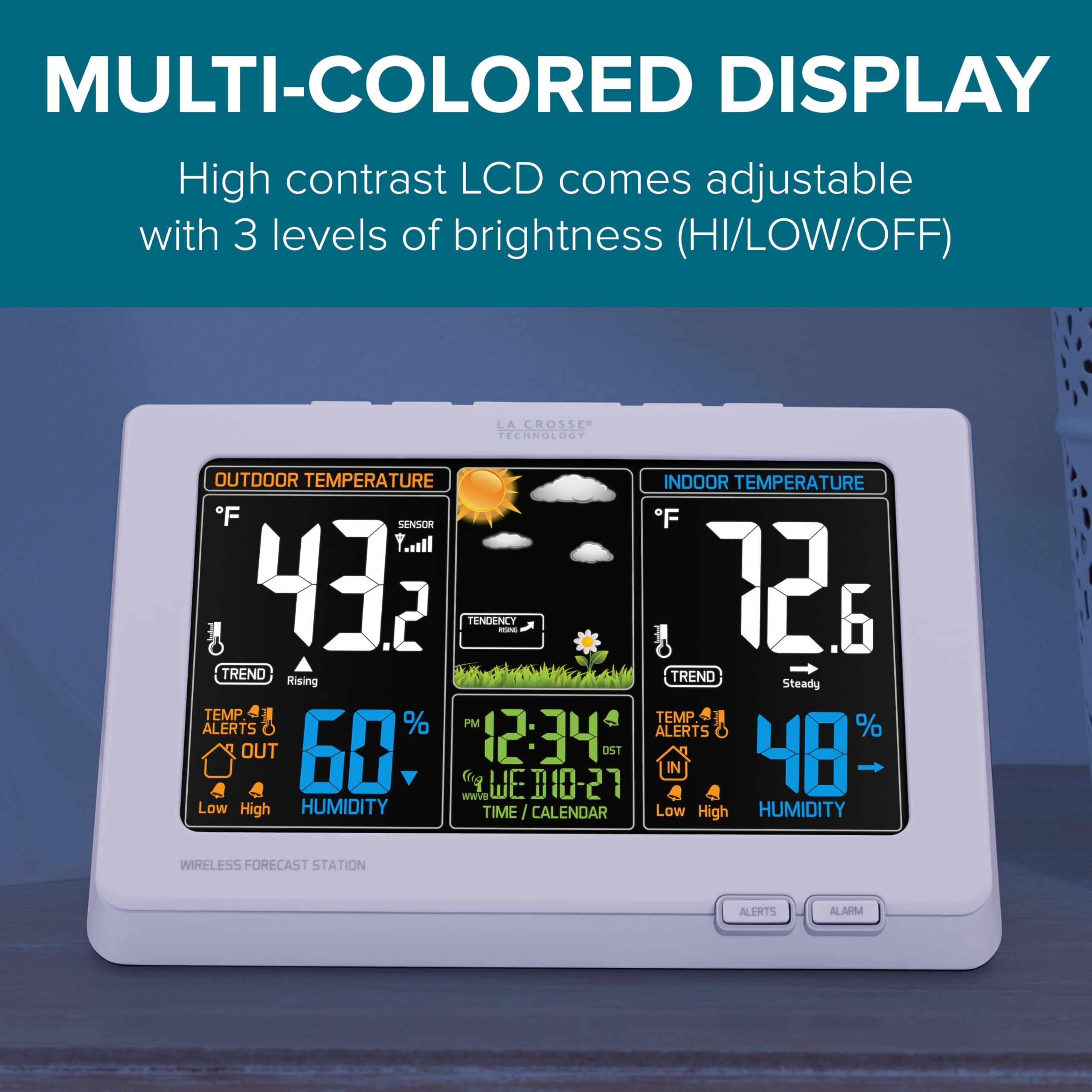 La Crosse 308-1414W display shows indoor-outdoor temperature and humidity at a glance.