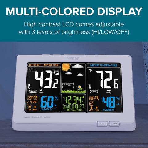 La Crosse 308-1414W display shows indoor-outdoor temperature and humidity at a glance.
