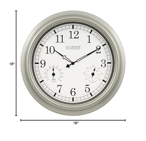 La Crosse Technology WT-3181PL-Q wall clock dimensions: 18 by 18 inches.