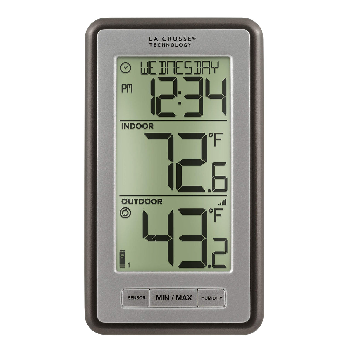 La Crosse WS-9160UV3 front view with a clear display for quick indoor outdoor readings.