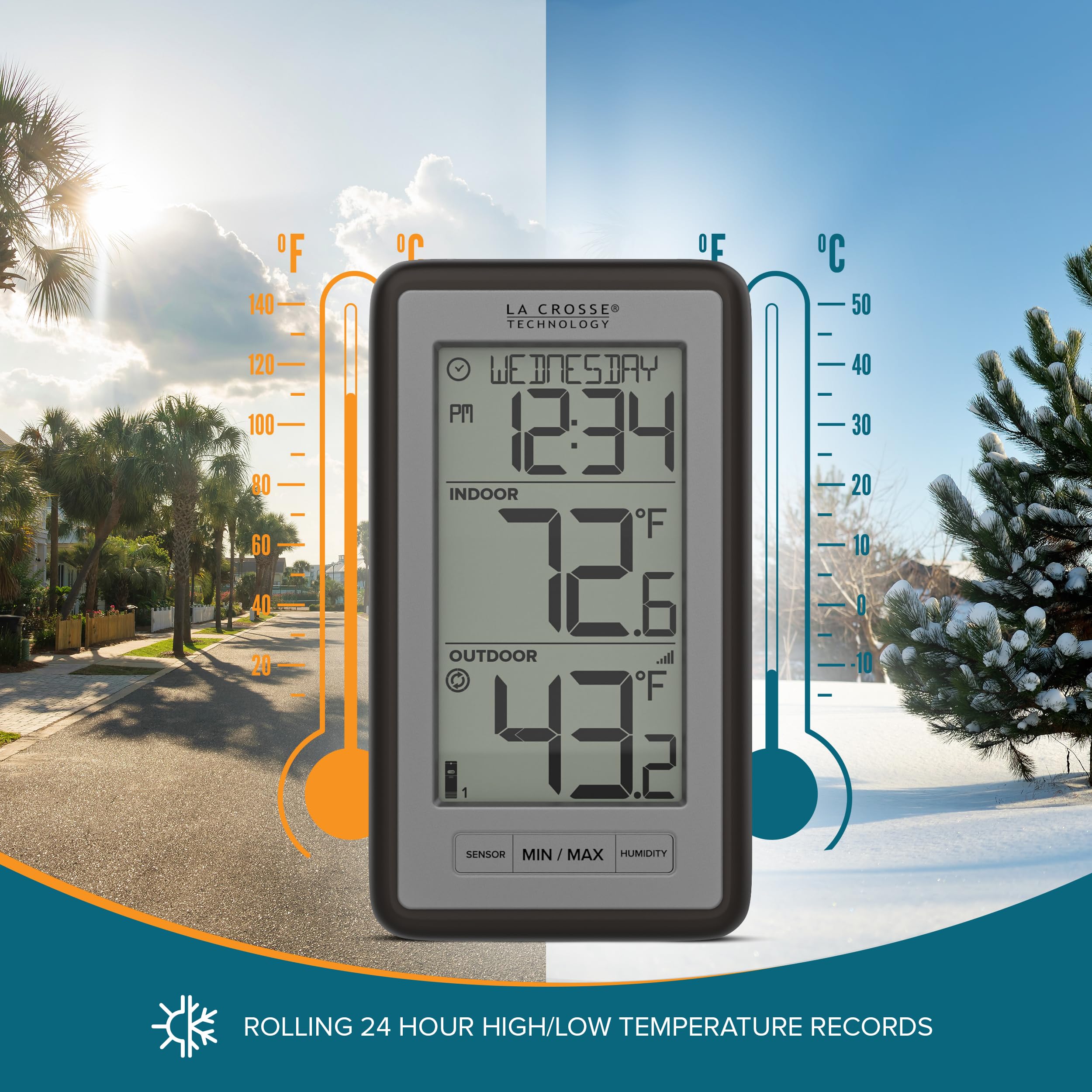 La Crosse WS-9160UV3 humidity reading for real-time moisture awareness.