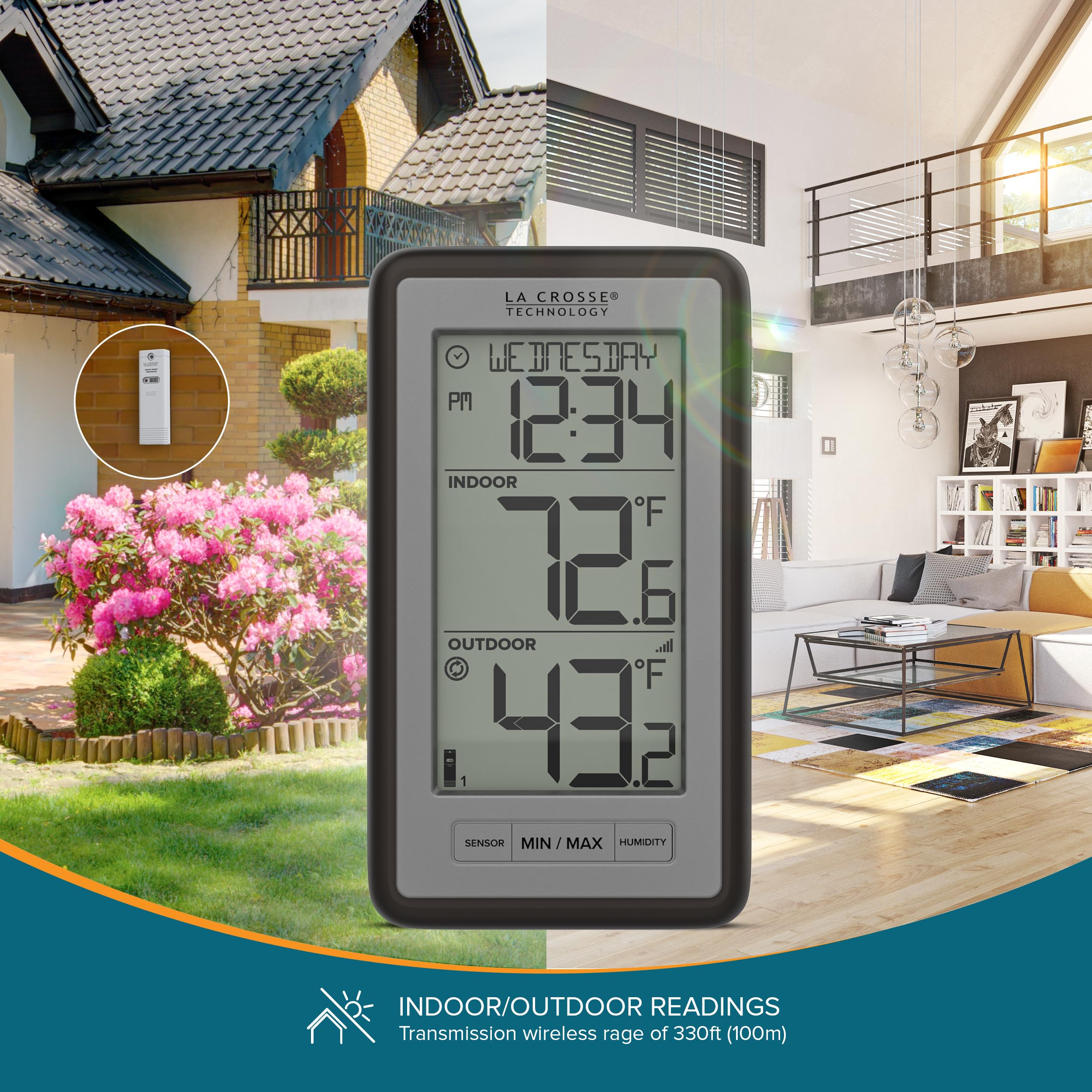 La Crosse WS-9160UV3 screen showing indoor and outdoor temperatures and humidity readings.