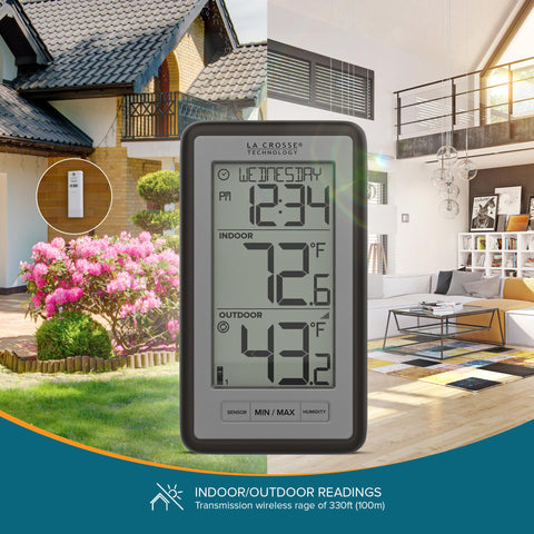 La Crosse WS-9160UV3 screen showing indoor and outdoor temperatures and humidity readings.