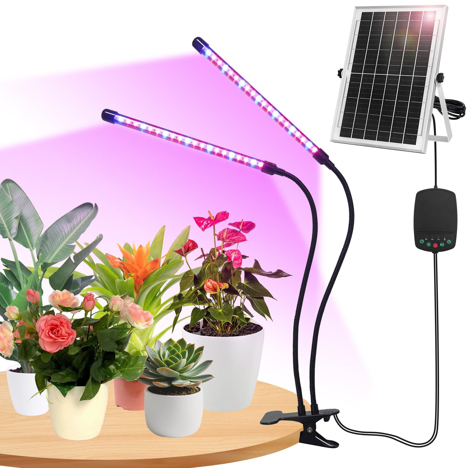 LADATE solar grow light with two heads clipped to a plant stand for efficient indoor care.