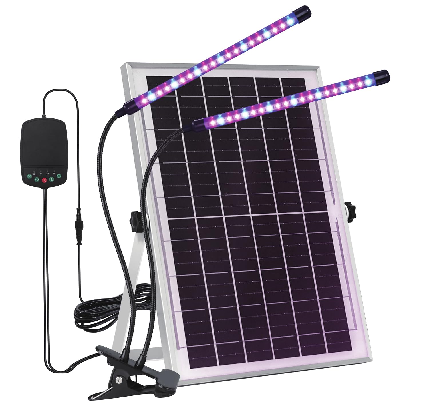LADATE solar panel charging in sunlight delivers portable energy for uninterrupted plant lighting.