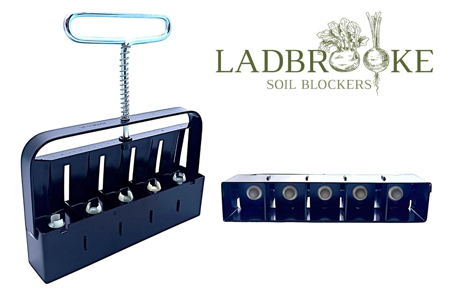 Ladbrooke Mini 5 ejection handle releasing a soil block for easy transplanting
