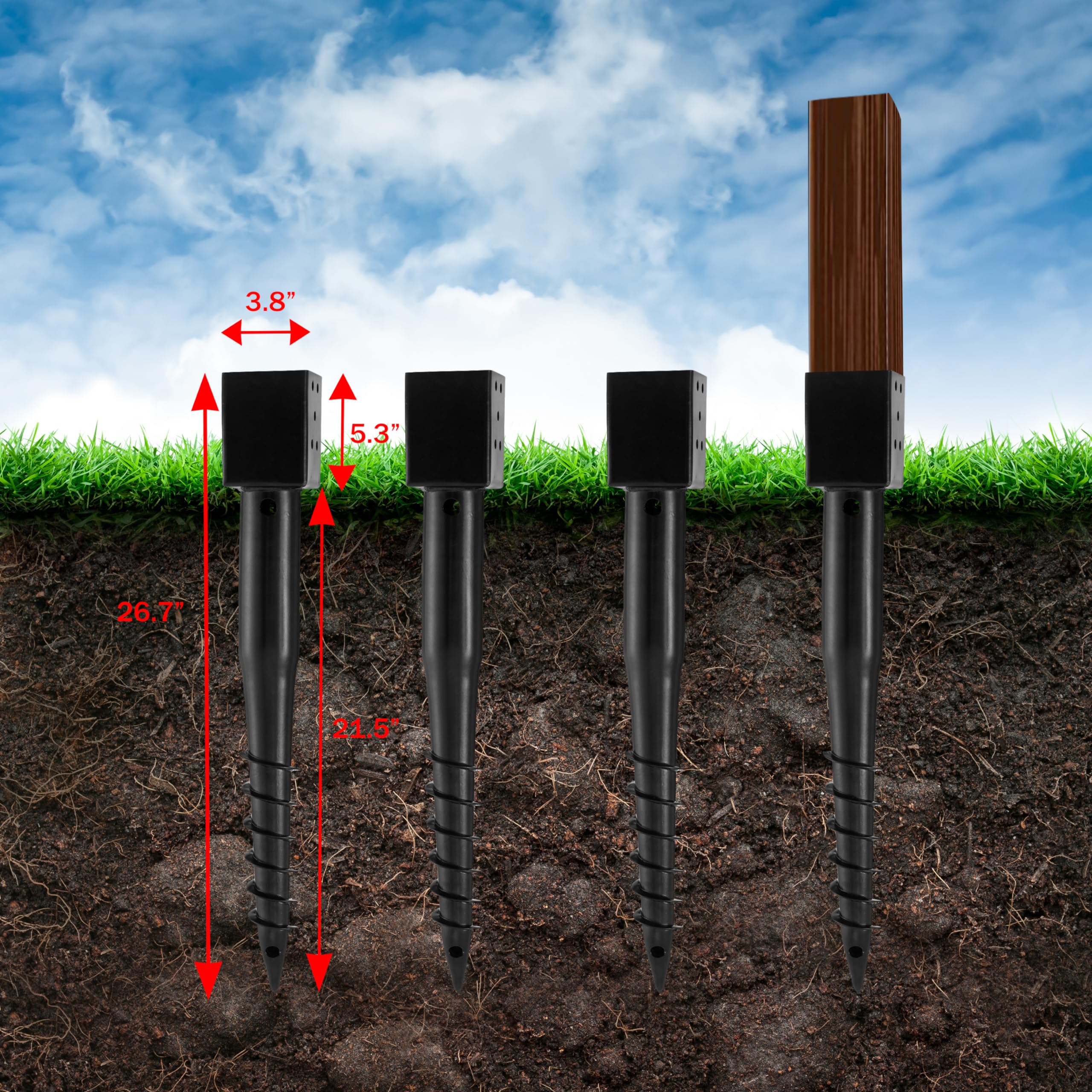 LADECH package includes ground anchor, screws, and rebar for setup.