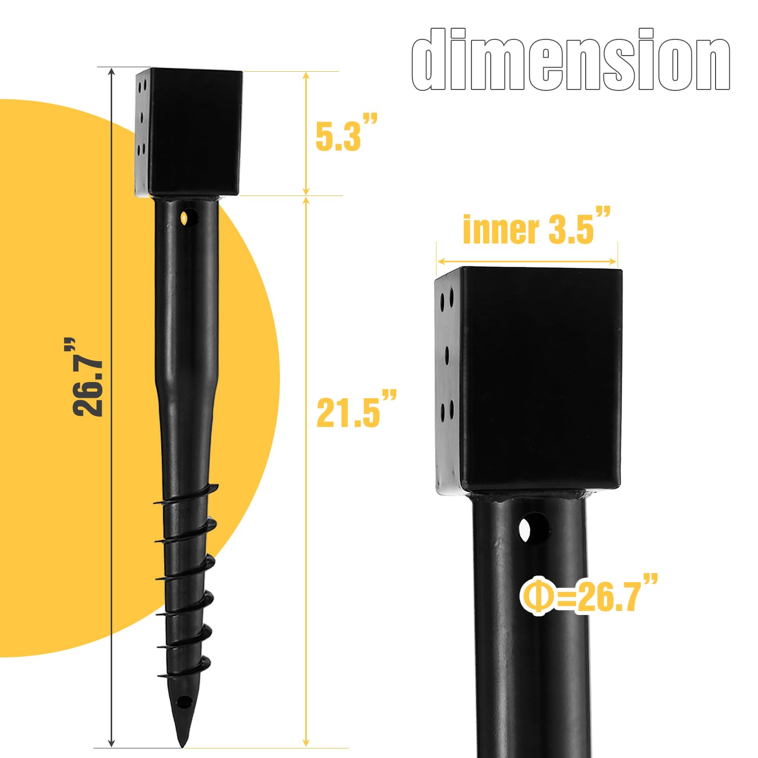 Four-sided LADECH ground anchor grips a wood post for fence stability.