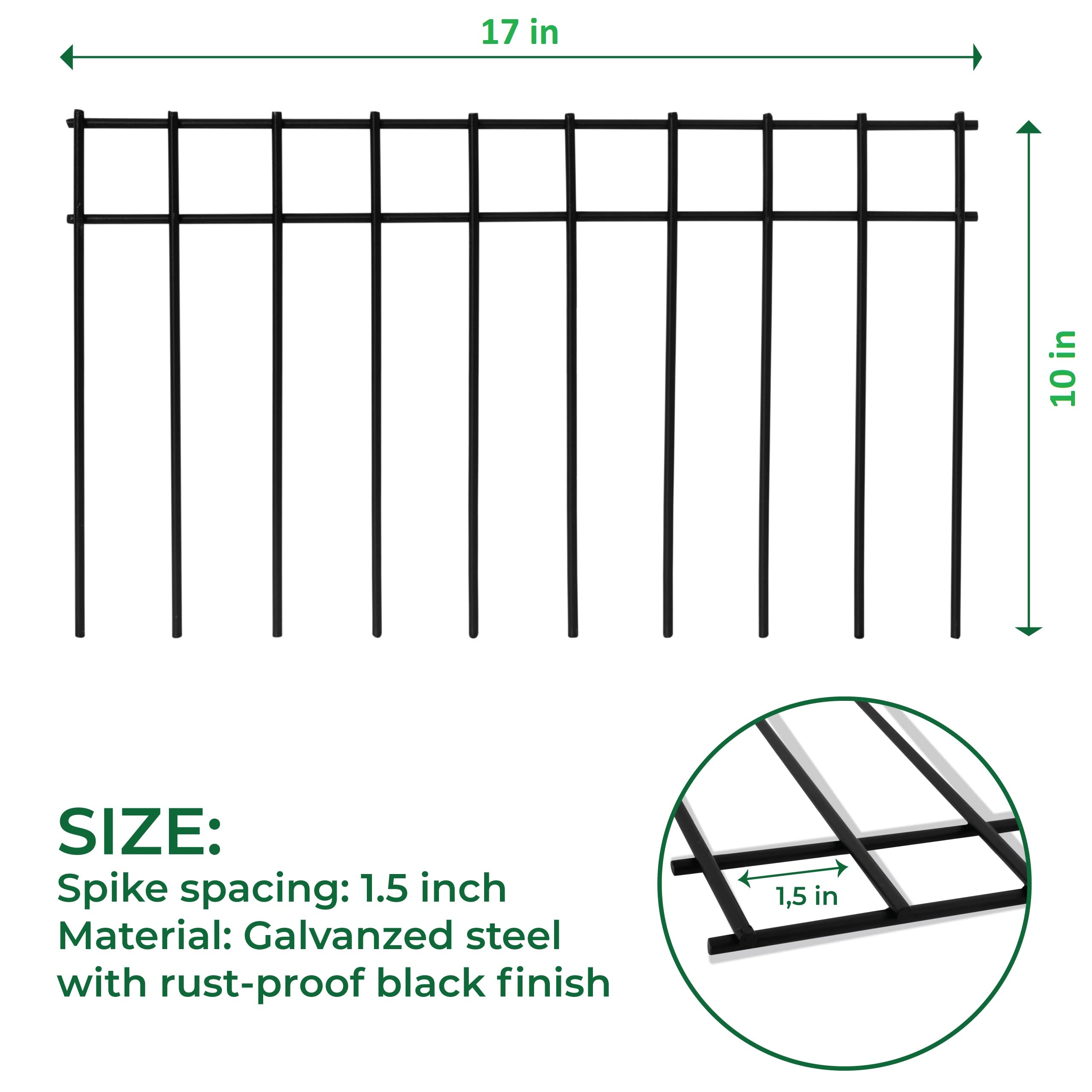 LADECH barrier fence close-up highlighting 1.5 inch spike spacing for anchoring.