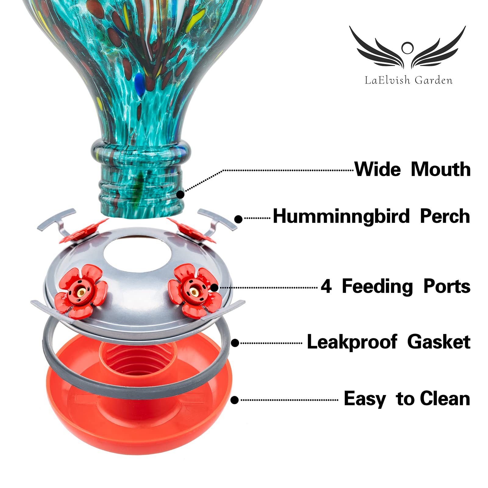 LaElvish Garden Hummingbird Feeder includes S-hook and brush for easy setup and cleaning.
