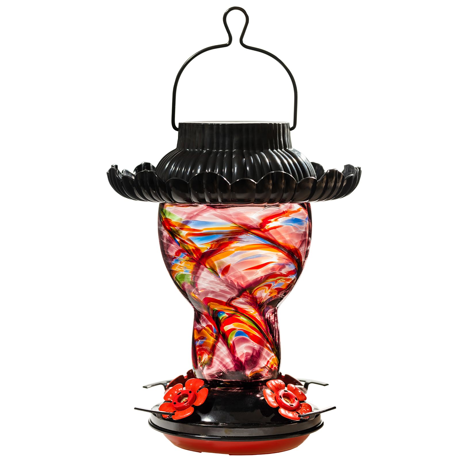 LaElvish Garden solar hummingbird feeder outdoors, purple glow attracts birds