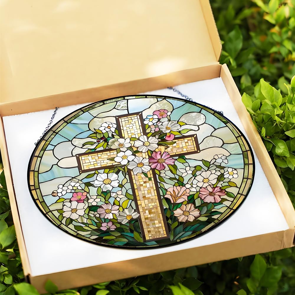 Lafans stained glass cross enhances peaceful light in home or garden.
