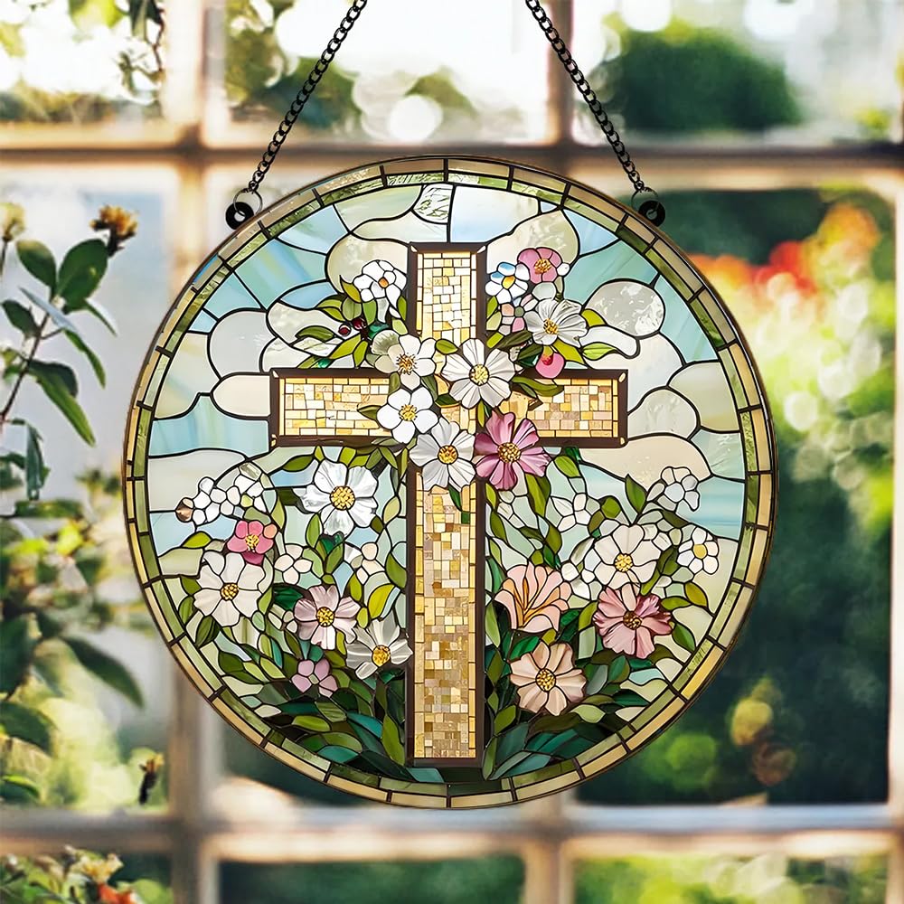 Lafans stained-glass cross handcrafted design adds vibrant color and elegance.