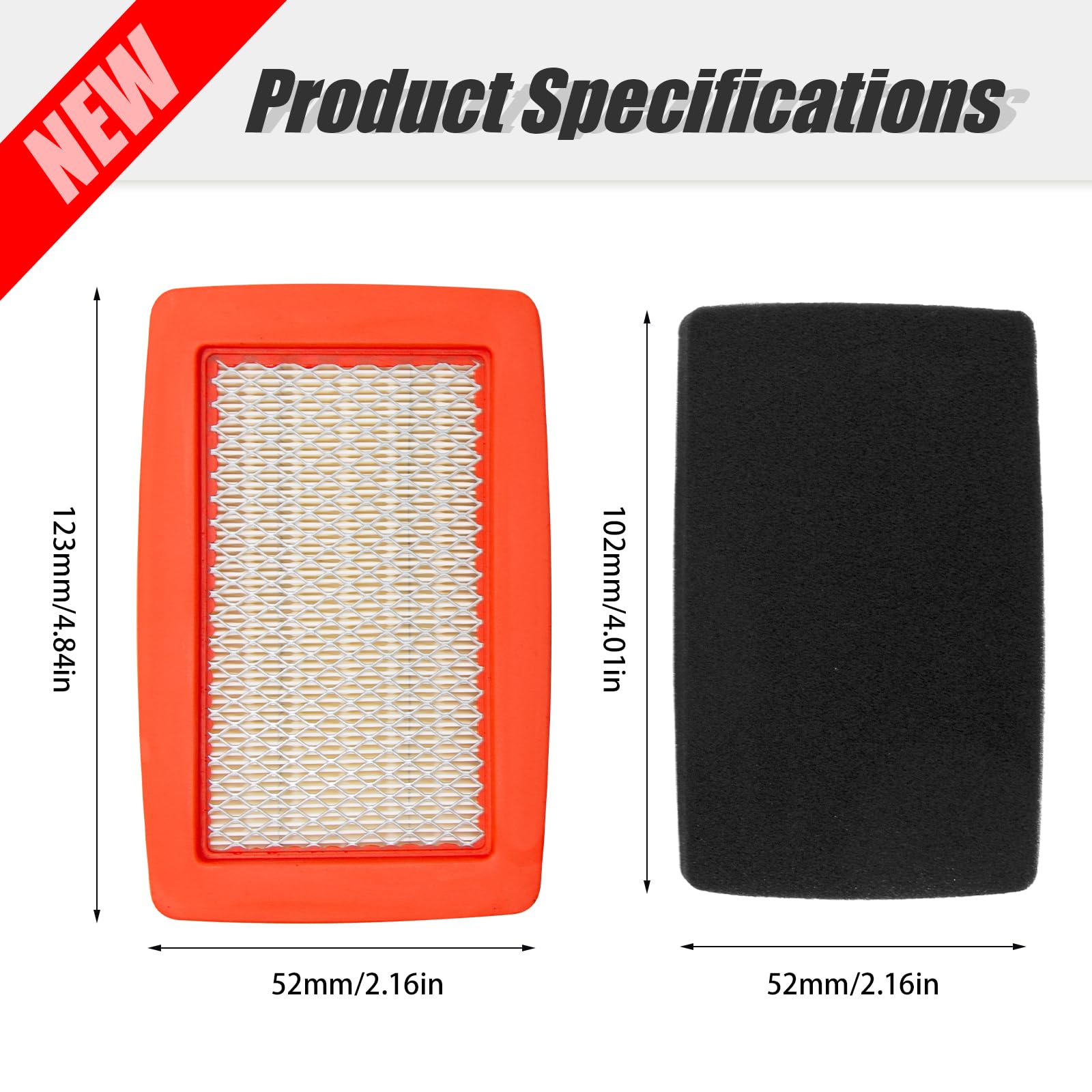 Air filter with dimensions 7-3/4 by 5 by 3/4 inches fits compatible blowers.