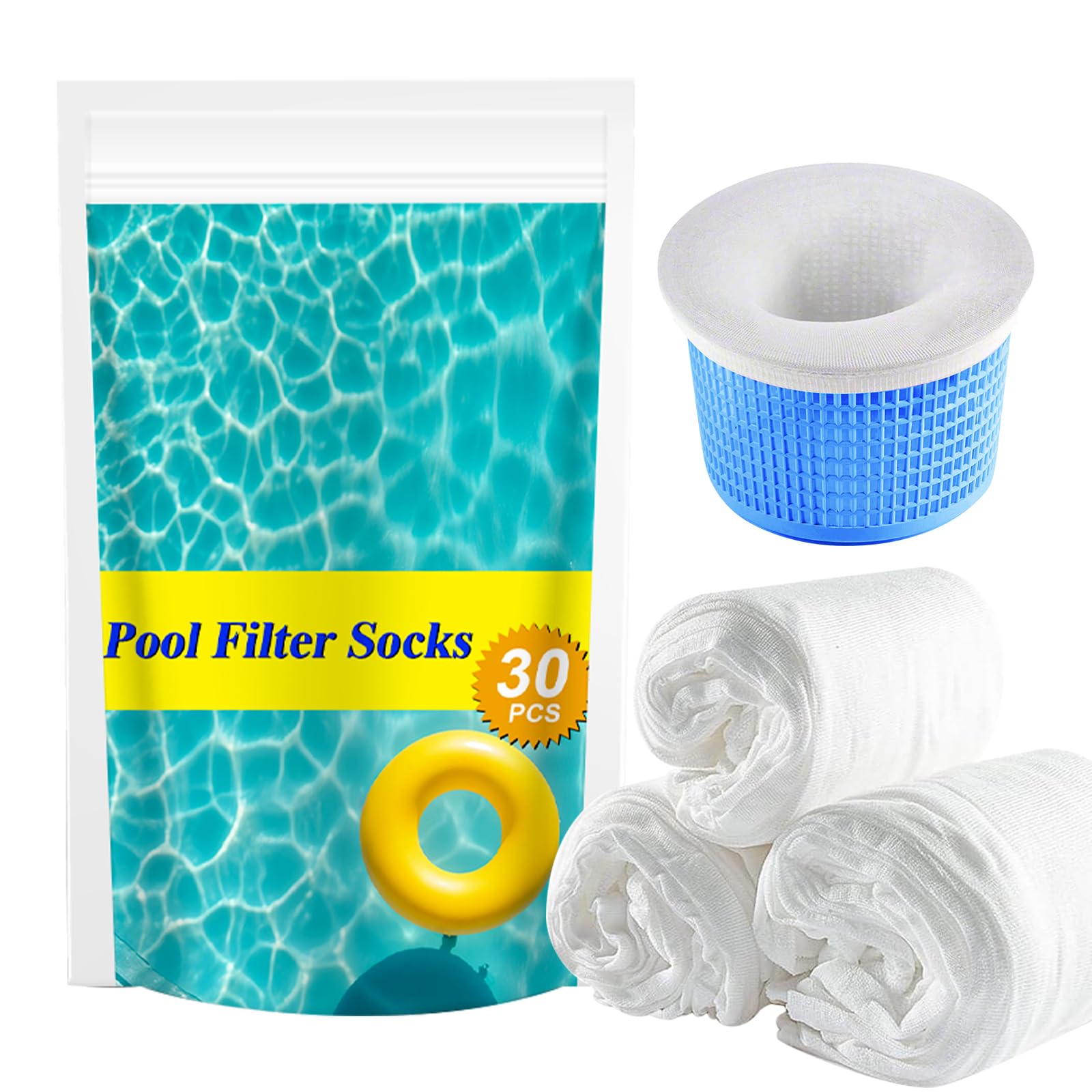 Lagincig pool skim socks 30-pack catch leaves and debris for cleaner water.