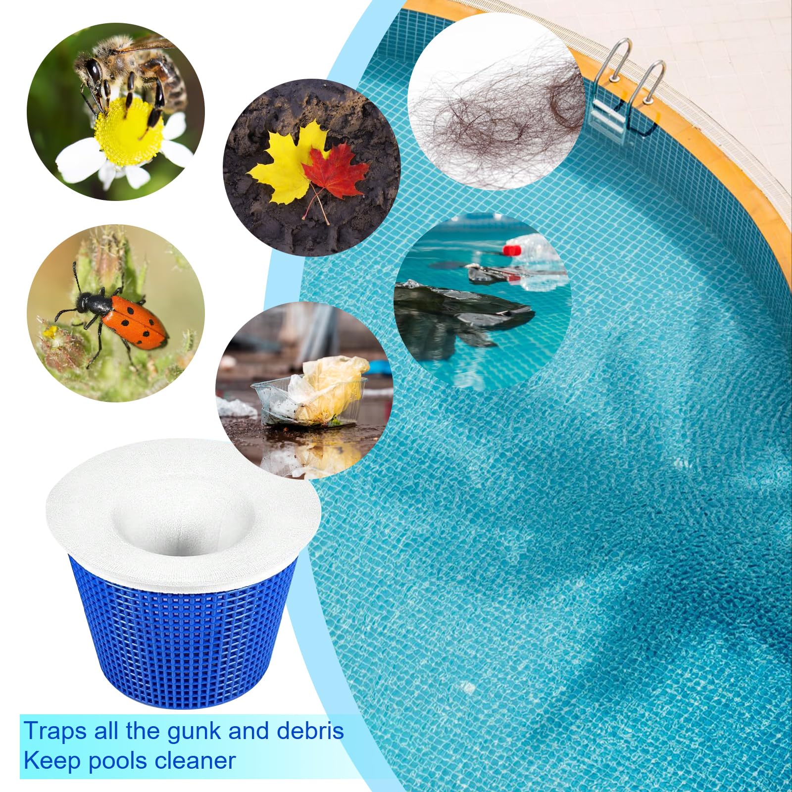 Lagincig pool skim socks on a skimmer basket demonstrate universal fit.