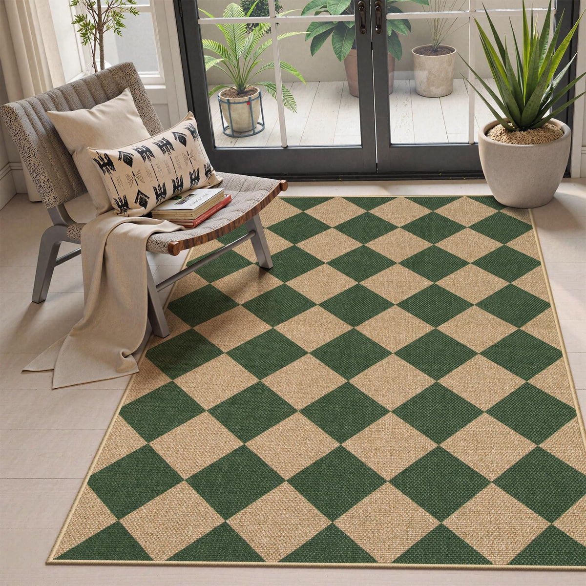 Lahome Colette checkered outdoor rug in green for porch styling and easy cleaning.