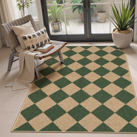 Lahome Colette checkered outdoor rug in green for porch styling and easy cleaning.