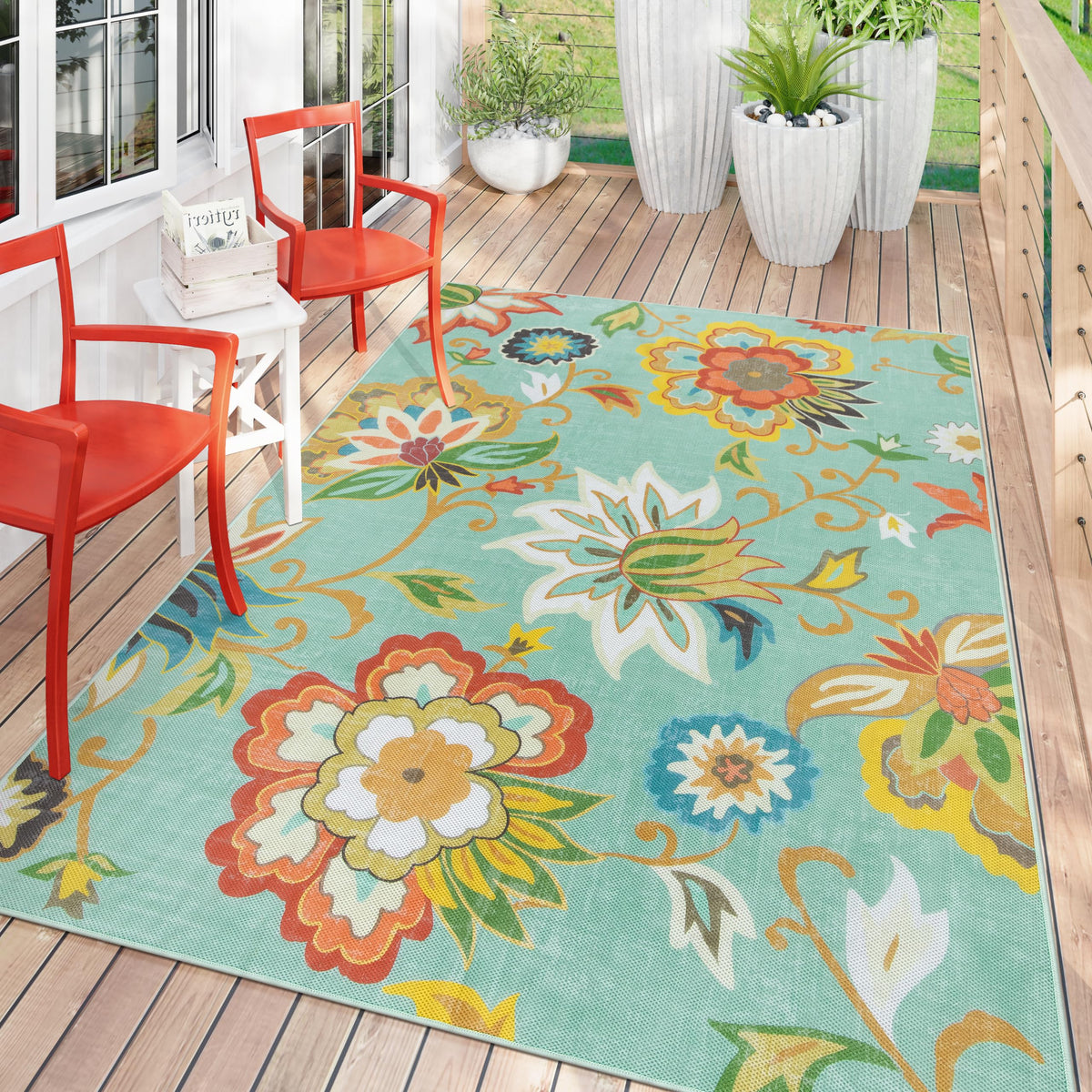 Lahome Floral Outdoor Rug 5x8 with decorative pattern for patios and decks adds color and curb appeal.