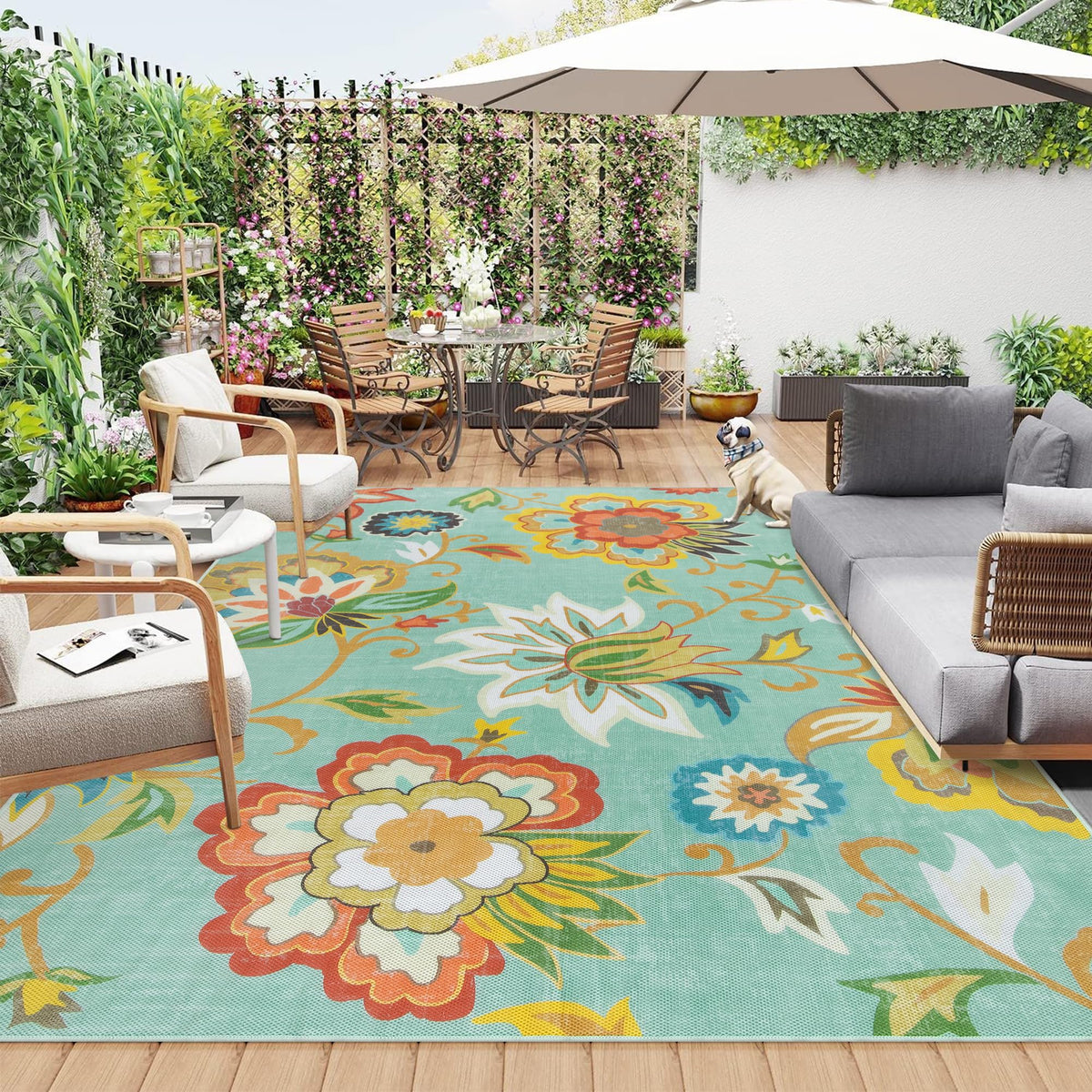 Lahome floral outdoor rug 8x10 with non-slip backing for patios and decks.