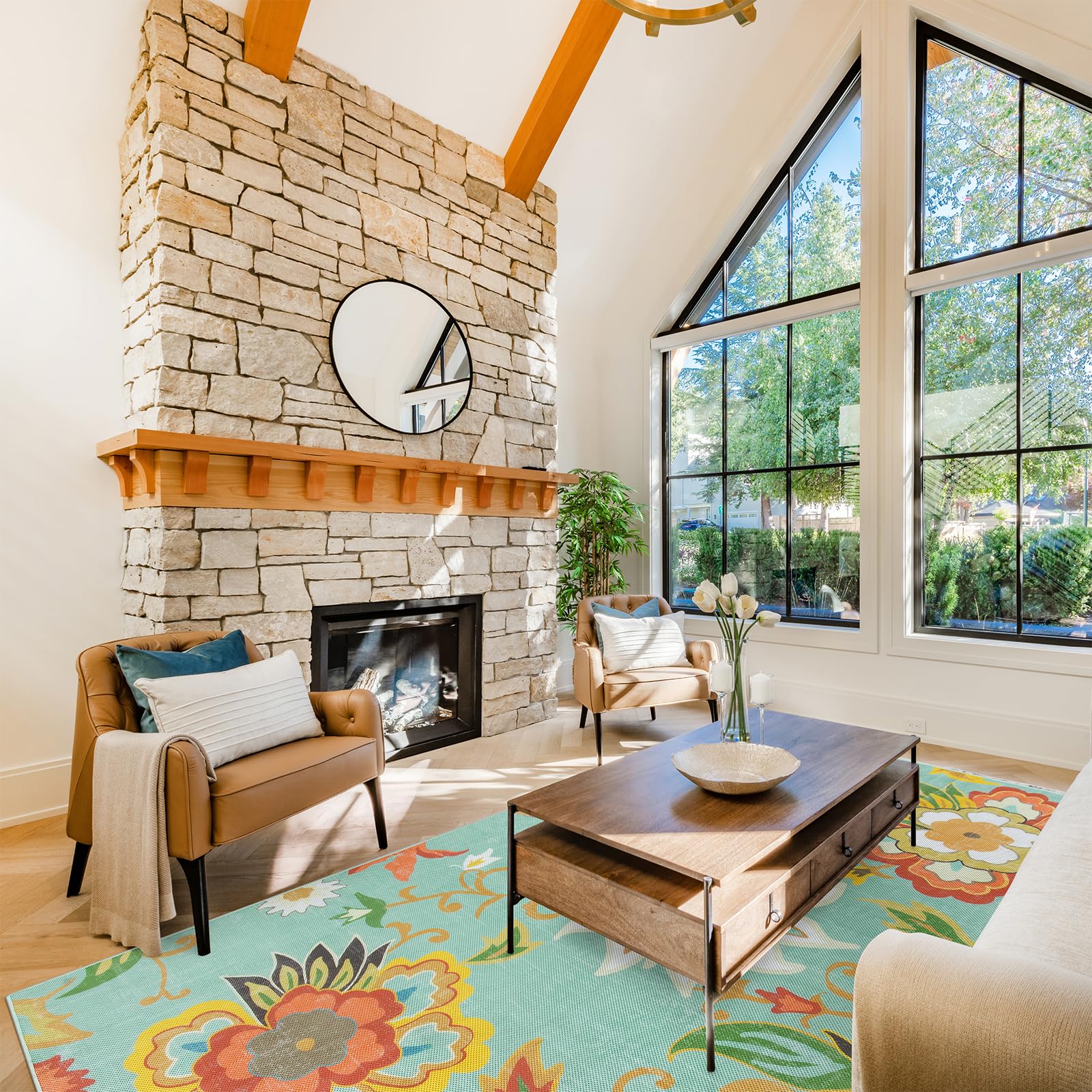 Lahome Floral Outdoor Rug in living room brings soft texture.