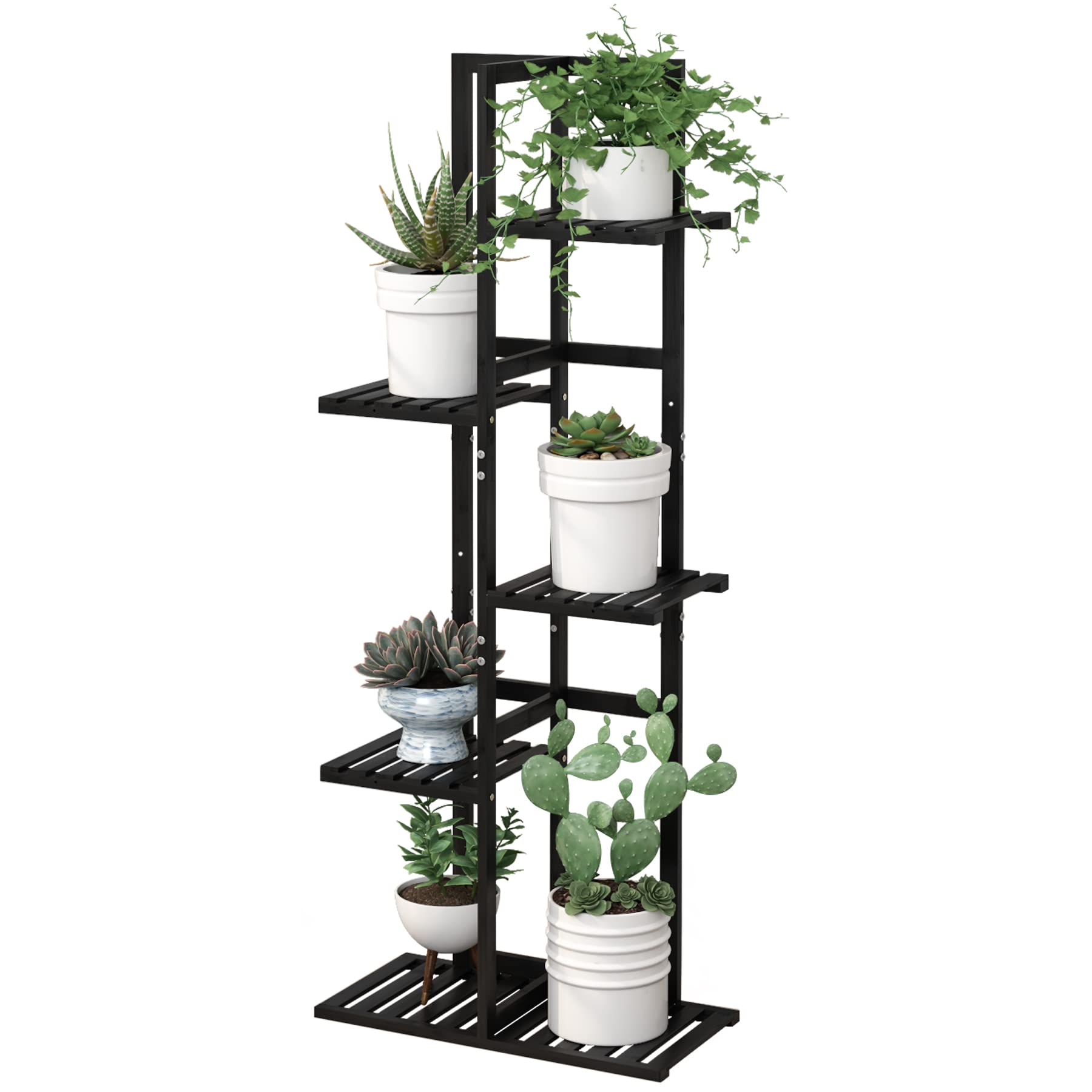 Laiensia five-tier bamboo plant stand displaying six pots on a patio.