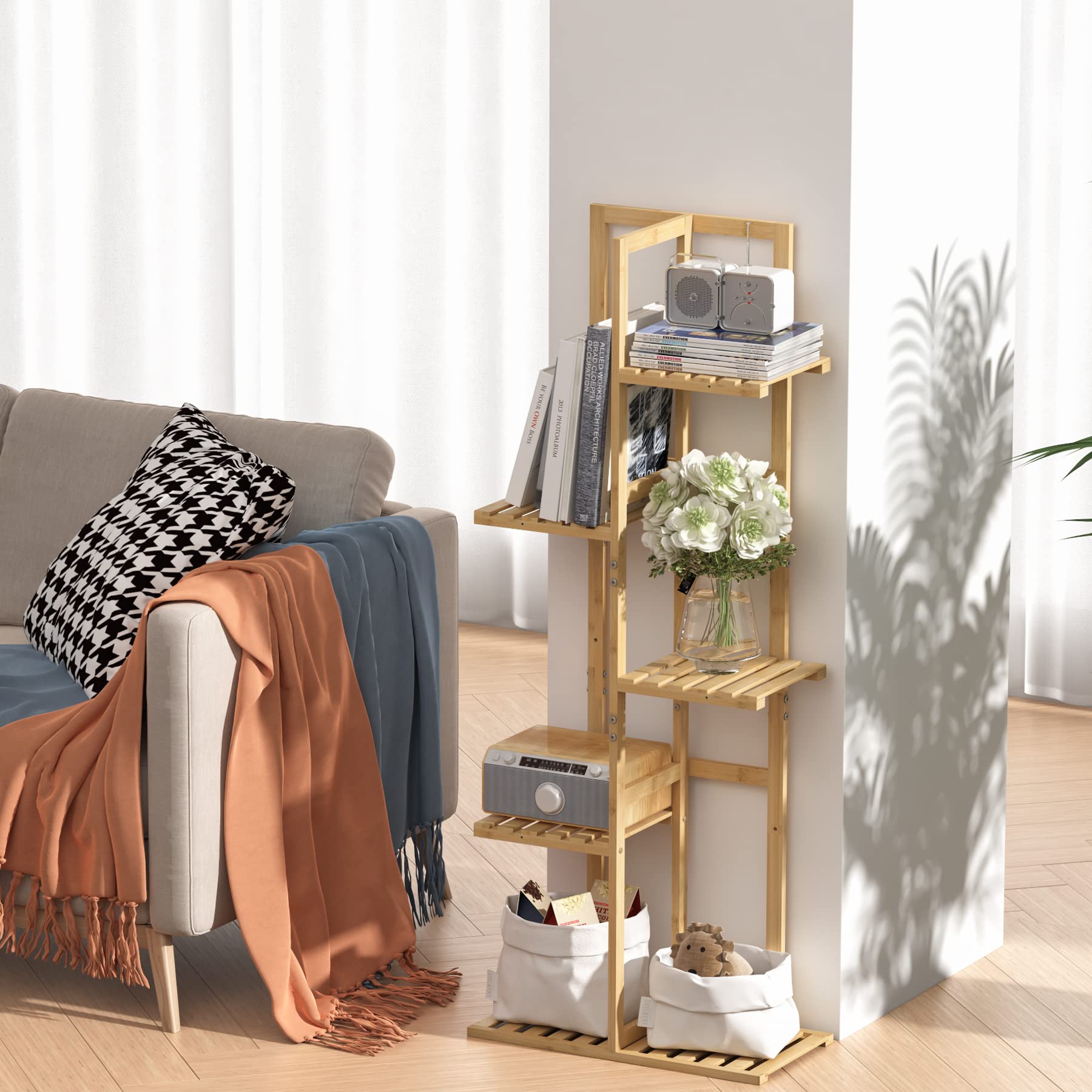 Laiensia bamboo 5-tier plant stand top view showcasing evenly spaced shelves