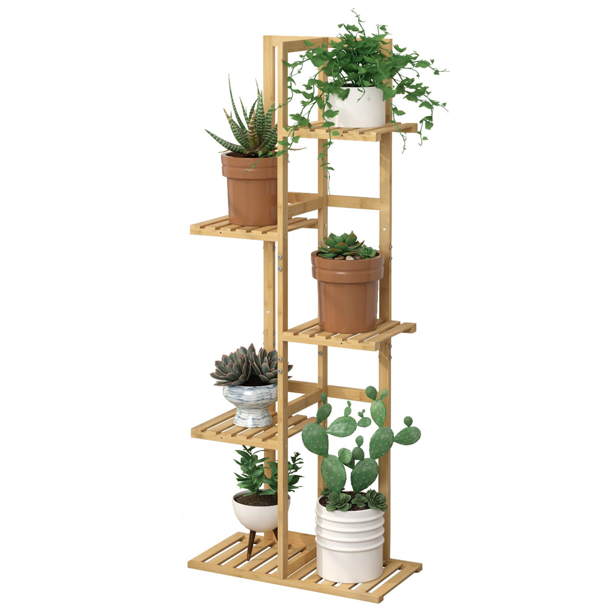 Laiensia bamboo 5-tier plant stand displaying six pots for versatile indoor and outdoor use