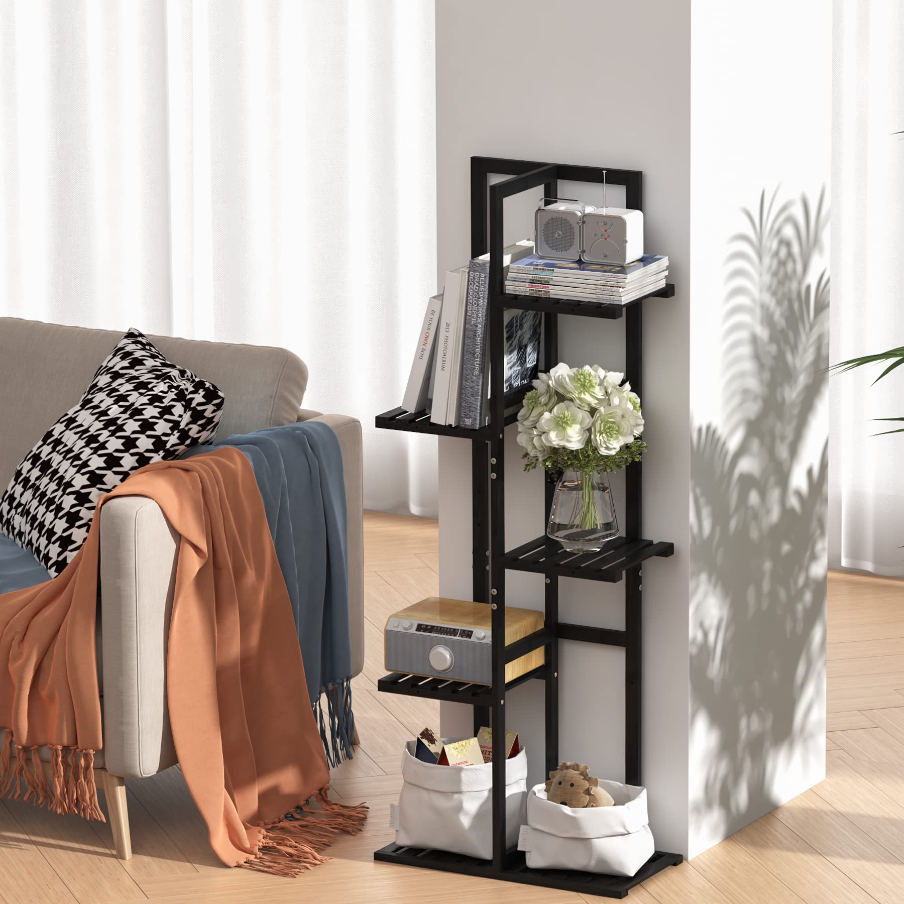 Laiensia bamboo display shelf showcasing a mix of plants and decor.