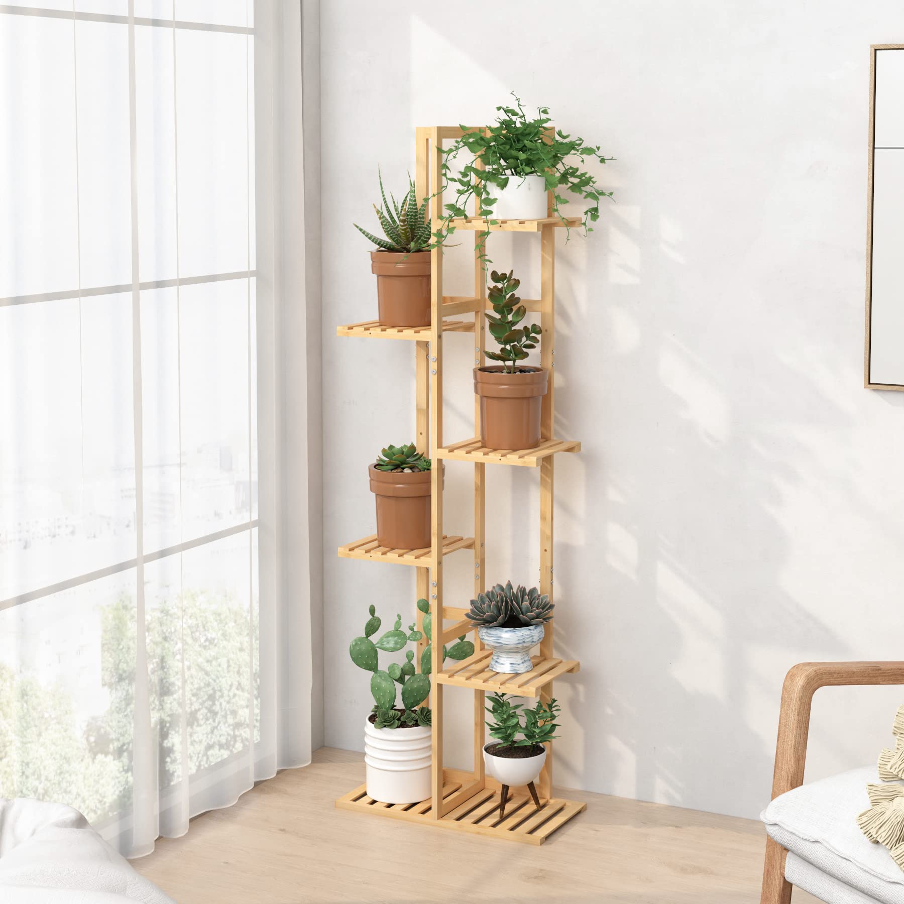 Laiensia multi-function display shelf for plants, books, and keepsakes.