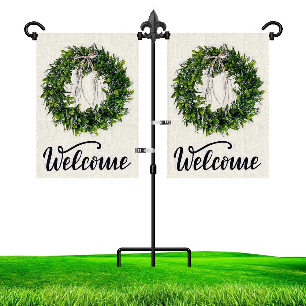 Lairies double-flag stand with fleur-de-lis design for prominent two-flag display in gardens